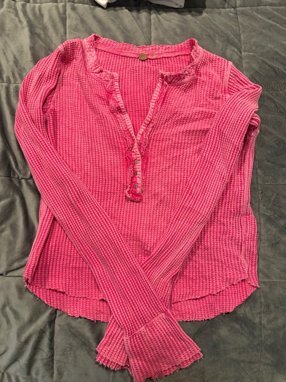 Free People Hot Pink Waffle Knit Henley Long Sleeve Top